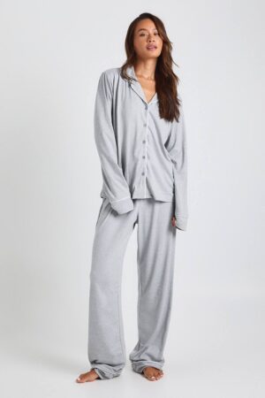 boohoo Dam Lång jersey med pipdetalj långärmad skjorta & byxor pyjamaset | Grey Marl | Storlek 36
