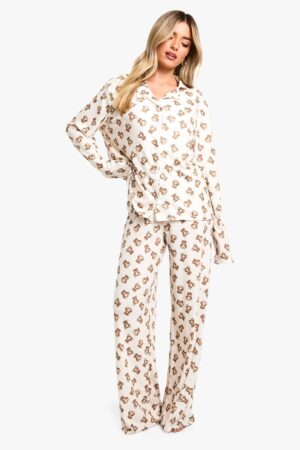 boohoo Dam Långärmad pyjamas med björnmönster | Brown | Storlek 44