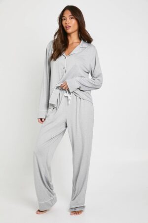boohoo Dam Långärmad skjorta med jerseypipningsdetaljer & byxor, pyjamasset | Grey Marl | Storlek 34