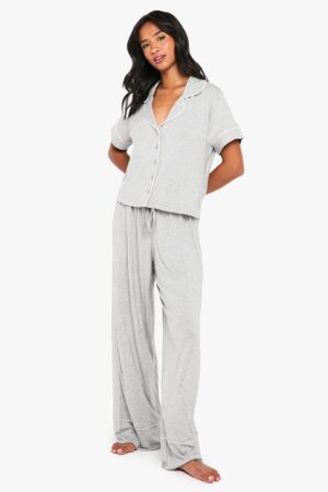 boohoo Dam Liten Modal kortärmad skjorta & byxpysamjamaset | Grey Marl | Storlek 32