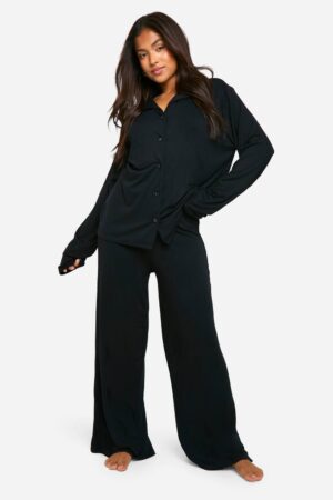 boohoo Dam Liten långärmad skjorta & byxpyjamaset | Black | Storlek 38