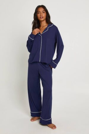 boohoo Dam Liten pipningsdetalj långärmad skjorta & pyjamasbyxor-set | Navy | Storlek 34