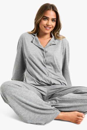 boohoo Dam Litet pyjamasett med långärmad skjorta och byxor | Grey | Storlek 36