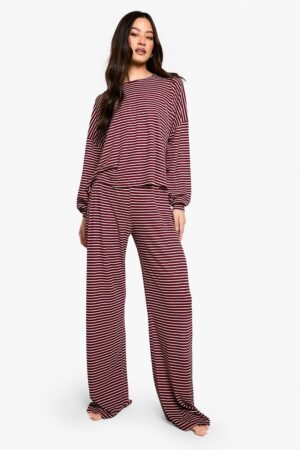 boohoo Dam Loungewear-set med randigt långärmad topp & byxor - för längre personer | Burgundy | Storlek 36