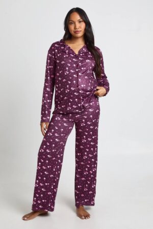 boohoo Dam Mammakläder Hjärtmönstrad Långärmad Skjorta & Byxor Pyjamasset | Burgundy | Storlek 36