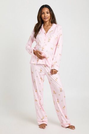 boohoo Dam Mammakläder Påsk Hjort Tryck Långärmad Skjorta & Byxa Pyjamas Set | Pink | Storlek 36