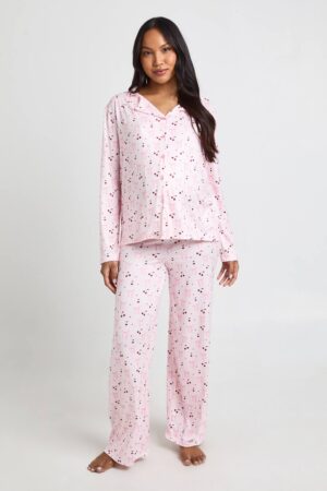 boohoo Dam Mammapyjamas Med Rosett- Och Hjärtmönster Långärmad Skjorta & Byxor Set | Pink | Storlek 36