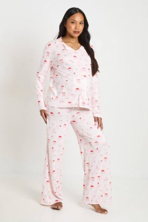 boohoo Dam Maternity Croissant And Jam Long Sleeve And Trouser Pyjama Set | Pink | Storlek 36