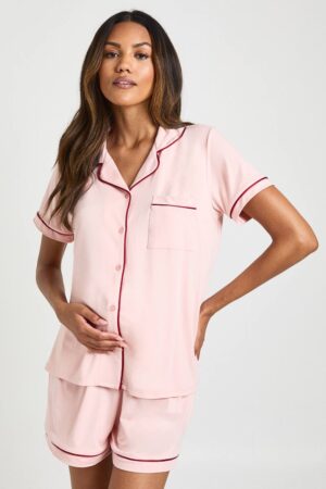 boohoo Dam Maternity Jersey Piping Short Sleeve And Shorts | Baby Pink | Storlek 36