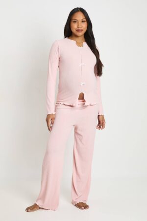 boohoo Dam Maternity Rib Bow Detail Long Sleeve Pyjama Set | Pink | Storlek 36
