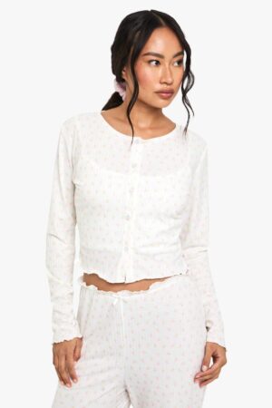 boohoo Dam Mix & Match Blommigt Tryck Mjuk Ribbad Med Genomgående Knappar Långärmad Pyjamatopp | White | Storlek 40