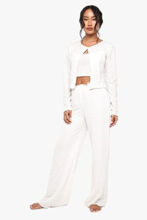 boohoo Dam Mix & Match Pyjamabyxor med blommigt tryck - mjuk ribbad, vida byxbena | White | Storlek 42