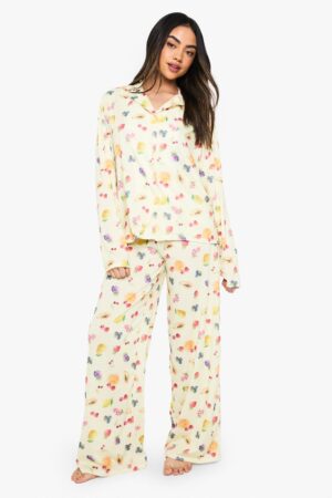 boohoo Dam Mixed Fruit Print Long Sleeve Shirt & Trousers Pyjama Set | Lemon | Storlek 34