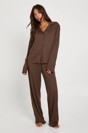 boohoo Dam Mjuk Känsla-knappskjorta och byxpajamaset | Chocolate | Storlek 40
