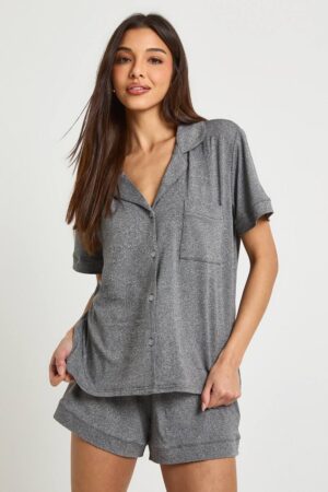 boohoo Dam Mjuk Pyjamasset Med Kortärmad Skjorta Och Shorts | Grey Marl | Storlek 34