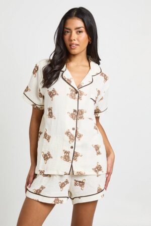 boohoo Dam Muslin Björnmönstrad Kortärmad Skjorta & Kort Pyjamas Set | Cream | Storlek 40