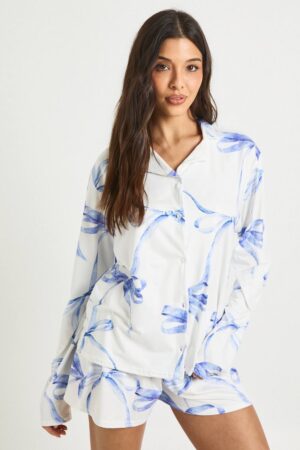 boohoo Dam OverStorlekd Rosettmönstrad Långärmad Skjorta & Shorts Pyjamas Set | Blue | Storlek 34