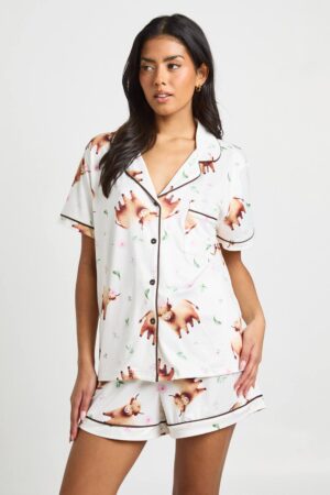 boohoo Dam Påsk Höglandskor Tryck Kortärmad Skjorta & Shorts Pyjamasset | Cream | Storlek 38