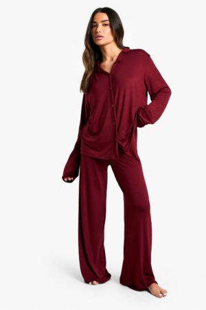 boohoo Dam Petit långärmad skjorta & byxor pyjamasset | Burgundy | Storlek 34