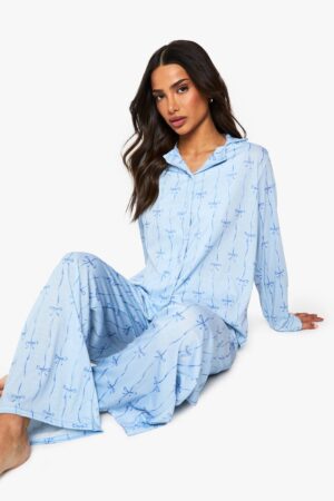 boohoo Dam Petite Bow Print Långärmad Skjorta & Byxor Pyjamasset | Blue | Storlek 34