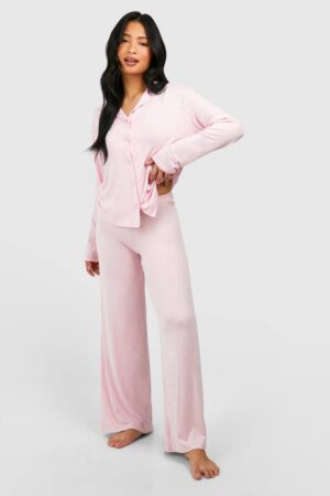 boohoo Dam Petite Långärmad Skjorta & Byxor Pyjamas Set | Baby Pink | Storlek 40