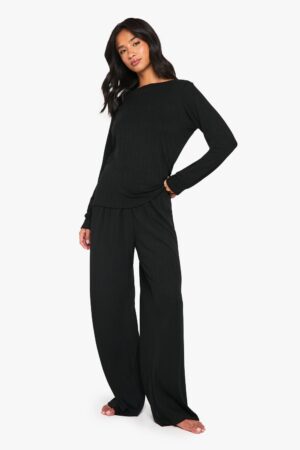 boohoo Dam Petite Pointelle Långärmad Topp och Pyjamaställ med Vida Ben | Black | Storlek 34
