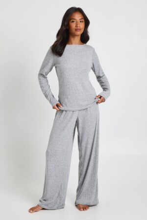 boohoo Dam Petite Pointelle Långärmad Topp och Vida Byxor Pyjamas Set | Grey Marl | Storlek 34