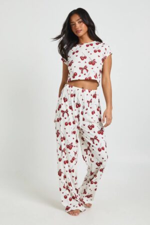 boohoo Dam Petite Pyjamas Set Med Linne Och Byxor I Hjärt- Och Körsbärsmönster | White | Storlek 34