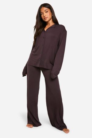 boohoo Dam Petite Pyjamaset med långärmad topp | Chocolate | Storlek 34
