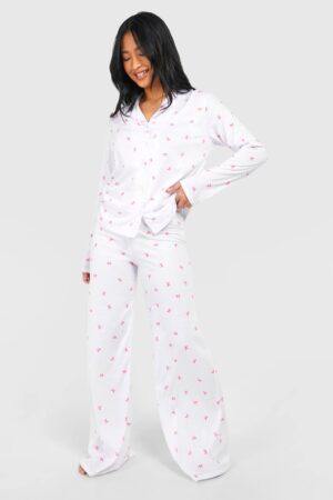 boohoo Dam Petite Rosetttryckt Långärmad Skjorta & Byxor Pyjamaset | White | Storlek 36