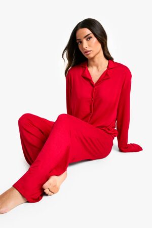 boohoo Dam Petite långärmad skjorta & byxor pyjamasset | Red | Storlek 34