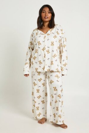 boohoo Dam Plus Björnar och Rosetter Tryck Långärmad Skjorta & Byxor Pyjamas Set | Cream | Storlek 44