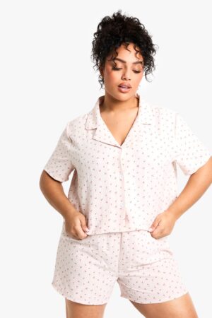 boohoo Dam Plus Cherry Print Skjorta & Kort Pyjamaset | Pink | Storlek 44