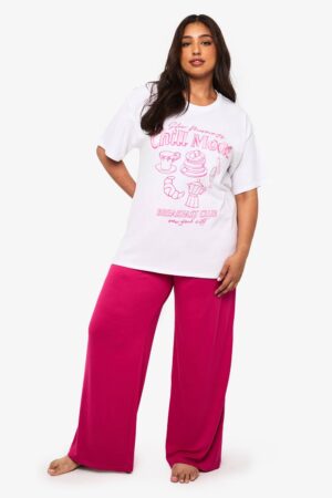 boohoo Dam Plus Chill Mode Frukost Slogan T-Shirt & Byxor Pyjamas Set | Pink | Storlek 44