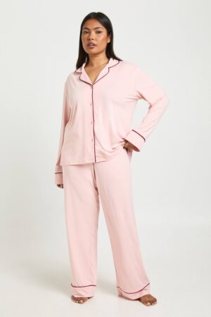 boohoo Dam Plus Jersey Piping Detail Long Sleeve & Trouser Pyjama Set | Baby Pink | Storlek 44