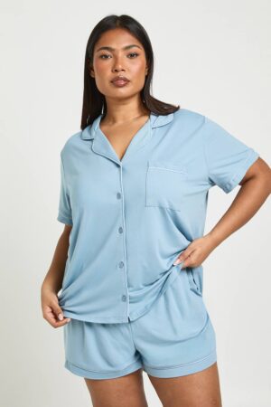 boohoo Dam Plus Jersey Pyjamasset Med Passpoal, Kortärmad Skjorta Och Shorts | Dusty Blue | Storlek 44