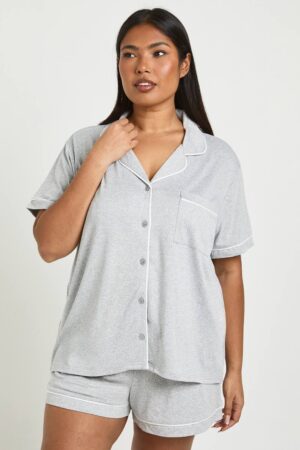 boohoo Dam Plus Jersey Pyjamasset Med Pipingdetaljer Kortärmad Tröja Och Shorts | Grey | Storlek 44