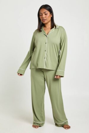 boohoo Dam Plus Jersey Pyjamasset Med Pipingdetaljer Långärmad & Byxor | Sage | Storlek 44