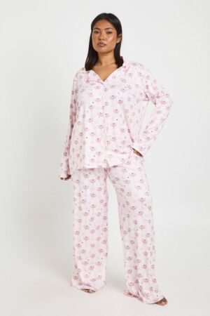 boohoo Dam Plus Martini-tryck Långärmad Skjorta & Byxa Pyjamas Set | Pink | Storlek 44