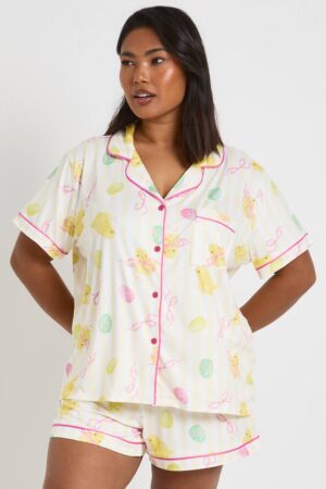 boohoo Dam Plus Påskkyckling Tryck Kortärmad Skjorta & Kort Pyjamas Set | Yellow | Storlek 44