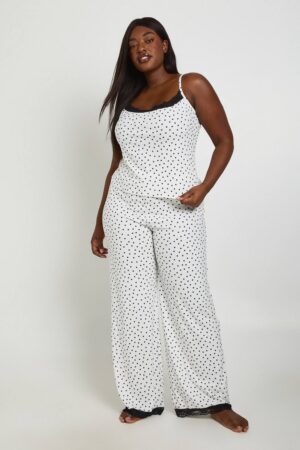 boohoo Dam Plus Polka Dot Cami And Trouser Pyjama Set | Black/White | Storlek 44