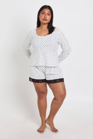 boohoo Dam Plus Polka Dot Long Sleeve And Short Pyjama Set | Black/White | Storlek 44