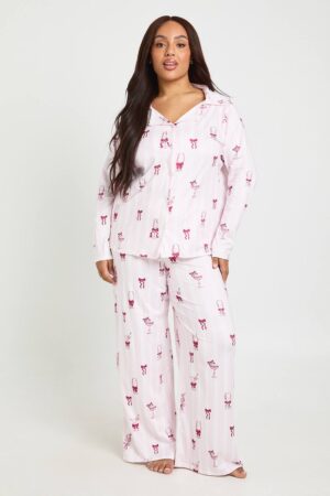 boohoo Dam Plus Randig Cocktail Långärmad Skjorta och Byxor Pyjamas Set | Pink | Storlek 44