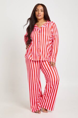 boohoo Dam Plus Randigt Tryck Långärmad & Byxor Pyjamas Set | Pink | Storlek 44