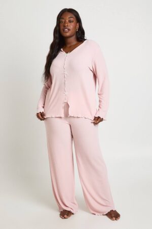 boohoo Dam Plus Ribbad Pyjamasset Med Rosettdetalj Och Långa Ärmar | Pink | Storlek 44