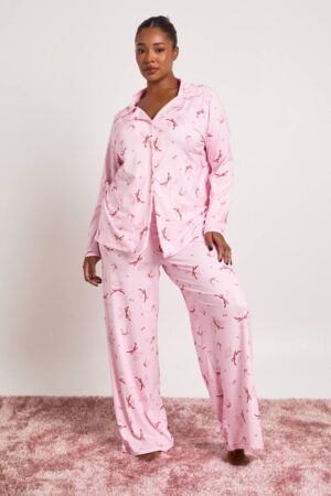boohoo Dam Plus Rosett Cocktail Långärmad Skjorta och Byxor Pyjamas Set | Pink | Storlek 46