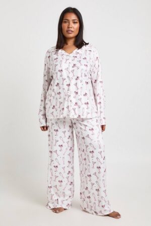boohoo Dam Plus Rosetter Och Cocktails Tryck Långärmad Skjorta & Byxa Pyjamas Set | White | Storlek 44