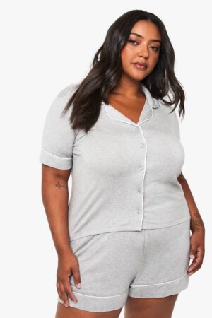 boohoo Dam Plus Super Mjuk Modal Kortärmad Skjorta & Kort Pyjamas Set | Grey Marl | Storlek 44