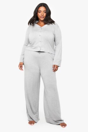 boohoo Dam Plus Super Soft Modal långärmad skjorta & byxpyjamas set | Grey Marl | Storlek 44