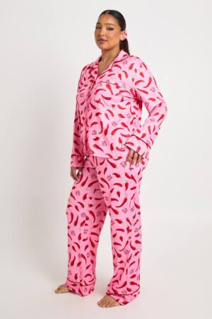 boohoo Dam Plus Valentines 3-delat Chill Print Långärmad Skjorta & Byxor Pyjamas Set | Baby Pink | Storlek 44